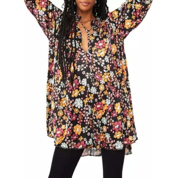 Free People "Daisy Jane" Long-Sleeve Mini Dress, Black Multi - Picture 1 of 3
